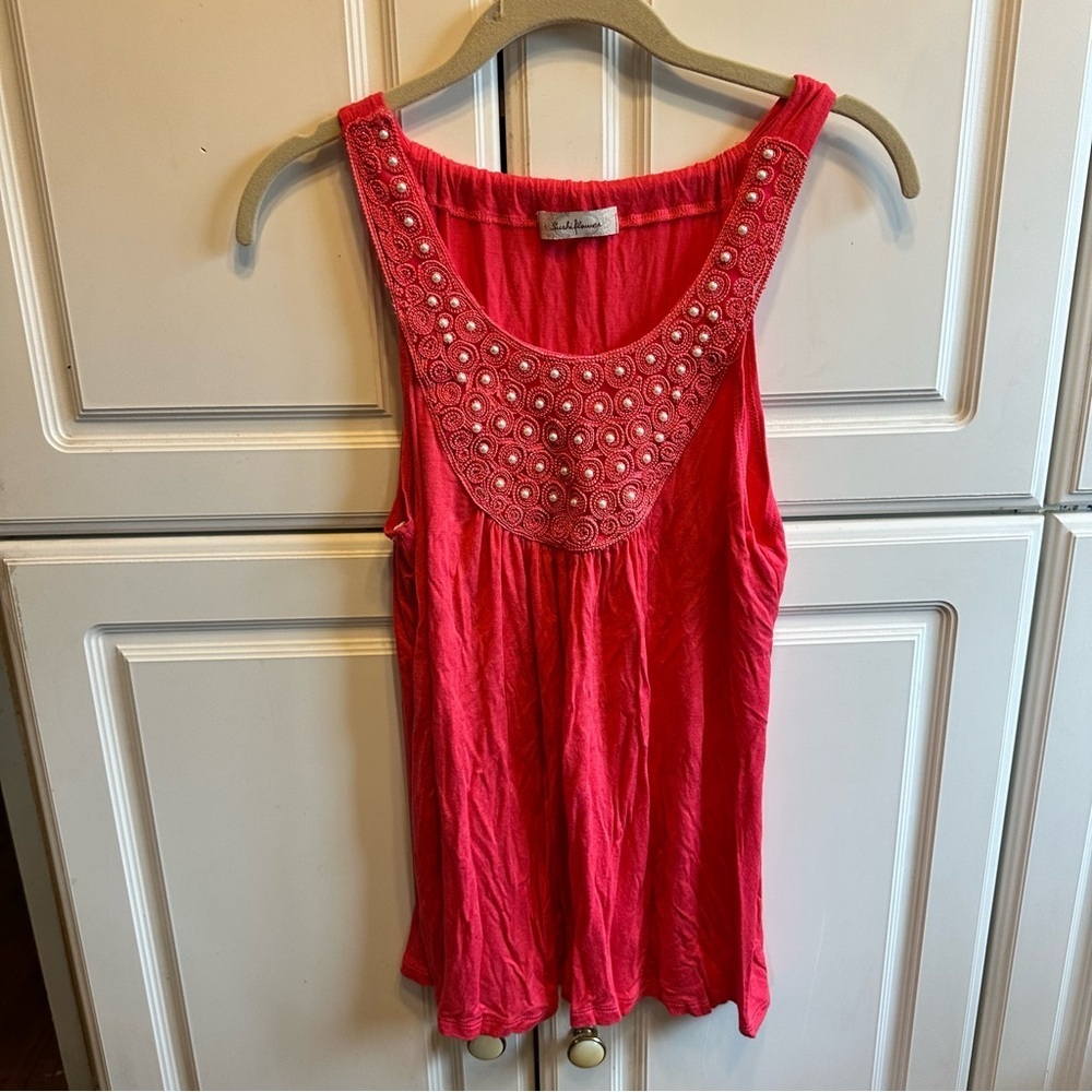 Sushi Flowers Beaded Scoop Neck Pink Sleeveless Blouse